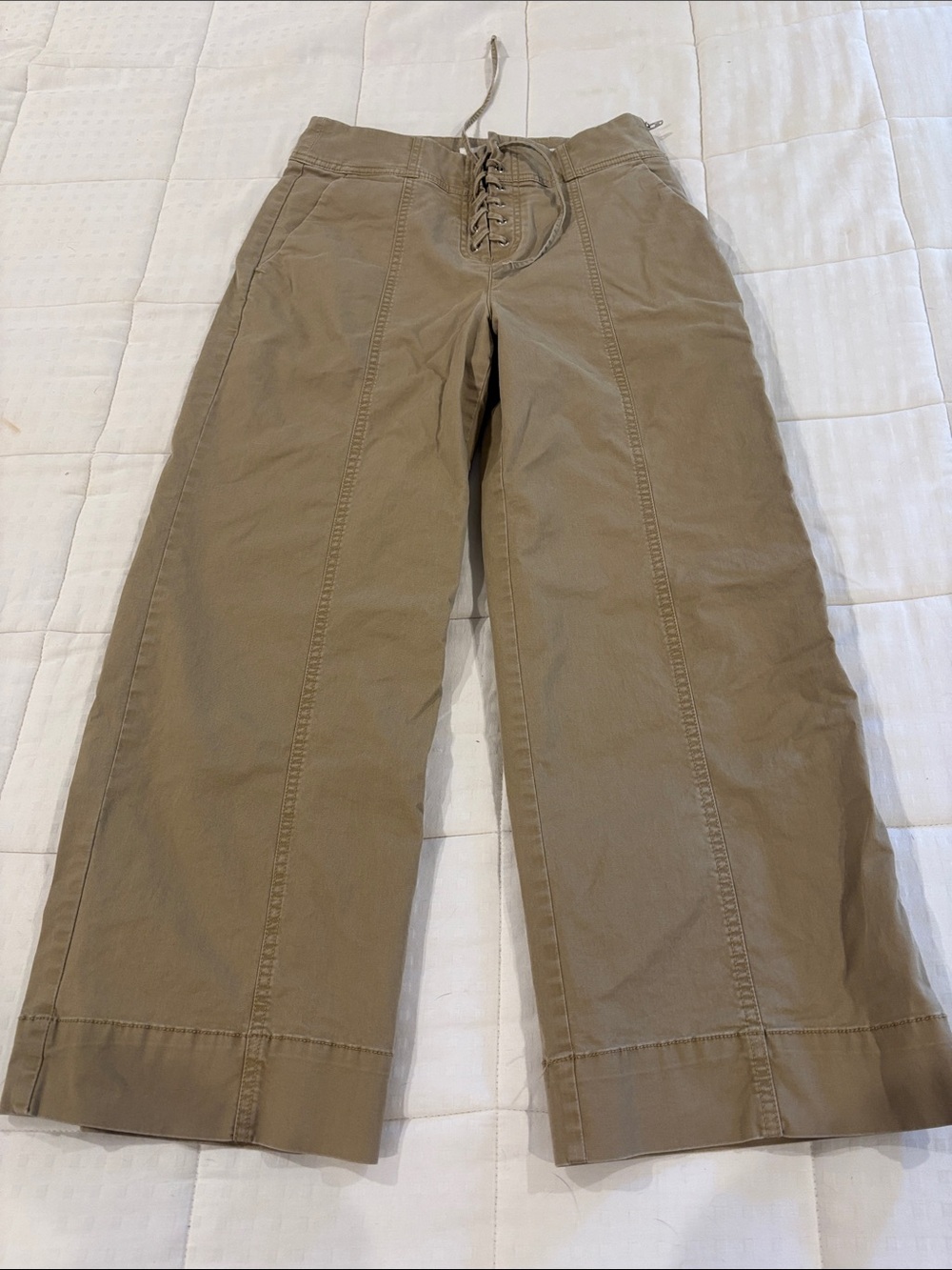 Lace-Up Khaki Wide-Leg Pants
